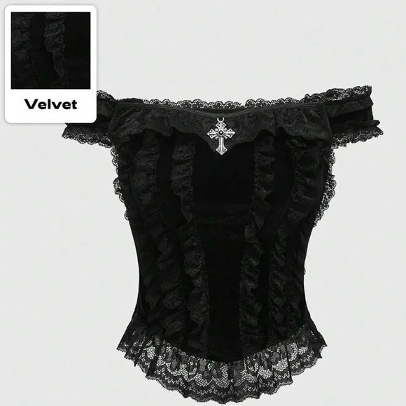 ROMWE Goth Gothic Palace Style Cross Lace Trim Velvet Off Shoulder Top Sz. M - Picture 2 of 13